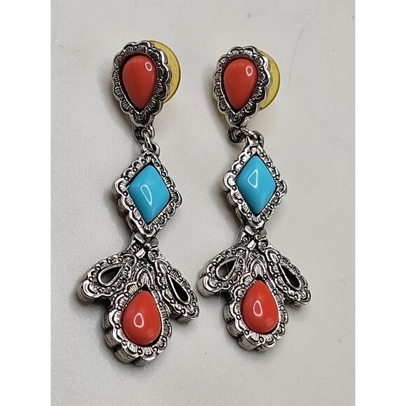 Turquoise Coral Cabochon Dangle Earrings Silver Tone Vintage Style - Picture 2 of 7